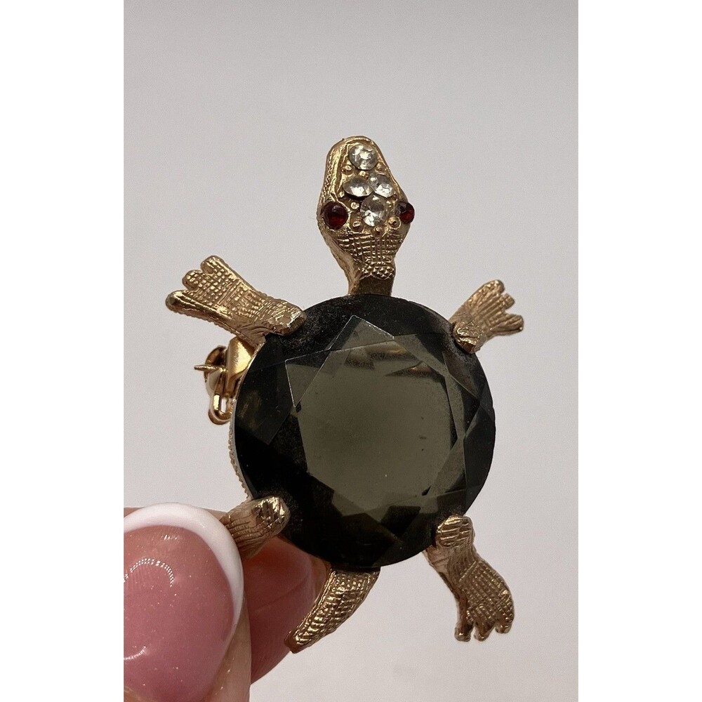 Vintage Black Crystal Turtle Gold Tone Pin Brooch With Red Clear Rhinestones